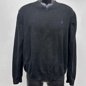 Polo Ralph Lauren Pima Cotton V-Neck Sweater Purple‎ Logo Black L